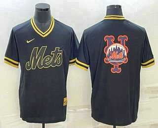 Mens New York Mets Big Logo Black Gold Nike Cooperstown Legend V Neck Jersey->new york mets->MLB Jersey
